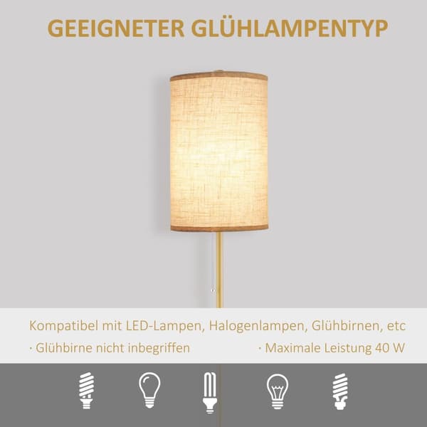 Gulvlampe stue gulvlampe med lin lampeskjerm, pull chain switch, gulvlampe med stål stativ, E27 socket gulvlampe for soverom, kremhvit