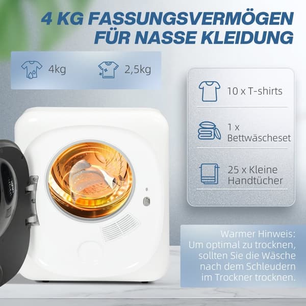 Pakokuivain 4 kg kuivausrumpu desinfioinnilla, hajunpoistolla, smart mode, kuivausrumpu ruostumattomasta teräksestä, etukuormaaja, asuntoon, taloon, m