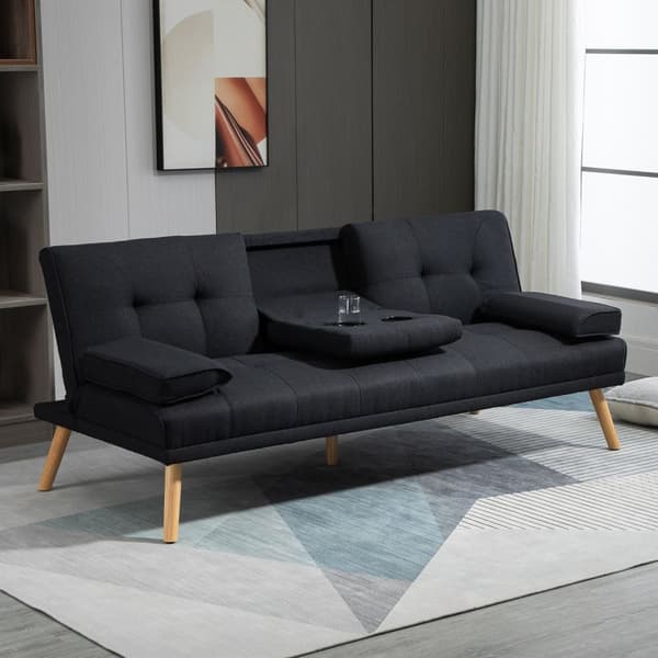 Bäddsoffa, 3-sits bäddsoffa med fällbord, mugghållare, bäddsoffa med linnelook, i skandinavisk design, lastkapacitet upp till 250 kg, för vardagsrum,