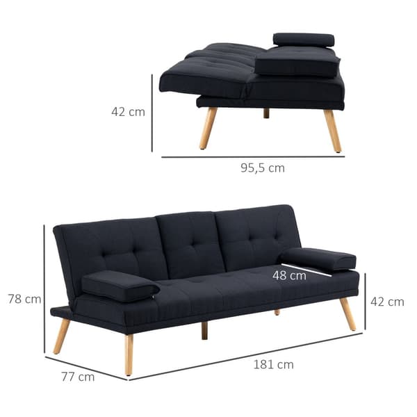 Bäddsoffa, 3-sits bäddsoffa med fällbord, mugghållare, bäddsoffa med linnelook, i skandinavisk design, lastkapacitet upp till 250 kg, för vardagsrum,