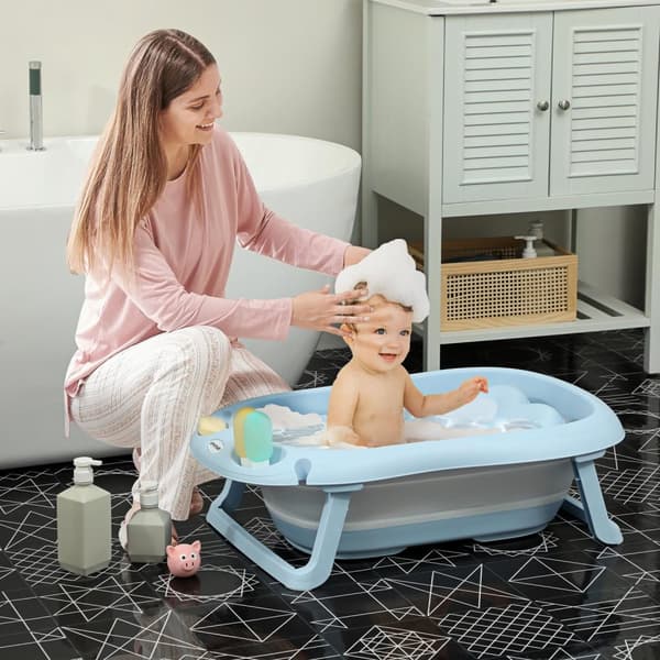 Set med 2 babybadkar, hopfällbart babybadkar med ram, halkfritt babybadkar, badkar, duschbricka för småbarn 0-3 år, ljusblå