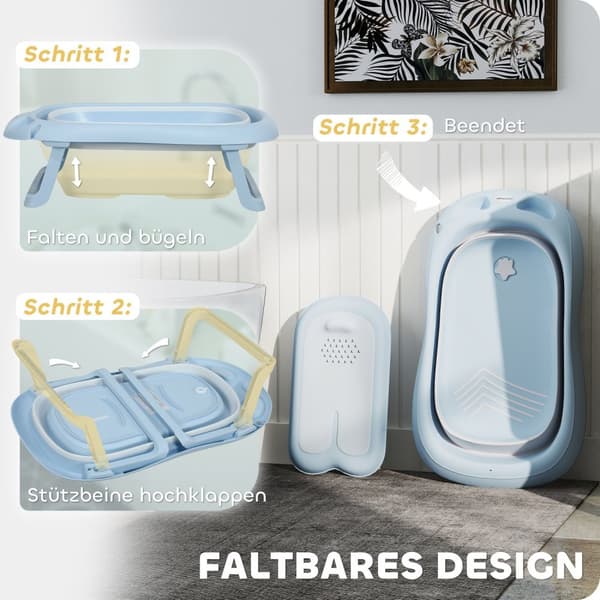 Set med 2 babybadkar, hopfällbart babybadkar med ram, halkfritt babybadkar, badkar, duschbricka för småbarn 0-3 år, ljusblå