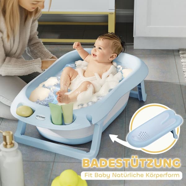 Set med 2 babybadkar, hopfällbart babybadkar med ram, halkfritt babybadkar, badkar, duschbricka för småbarn 0-3 år, ljusblå