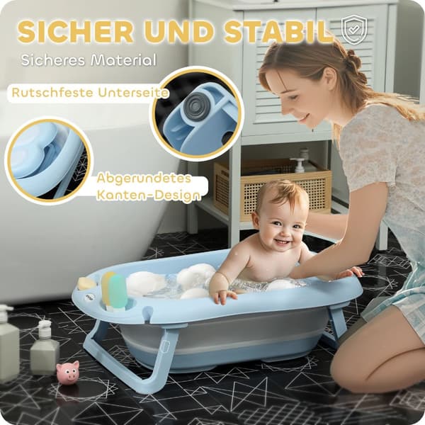 Set med 2 babybadkar, hopfällbart babybadkar med ram, halkfritt babybadkar, badkar, duschbricka för småbarn 0-3 år, ljusblå