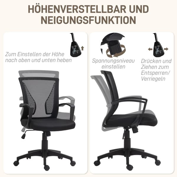 Kontorstol med vippefunktion, højdejusterbar skrivebordsstol, drejestol kan holde op til 120 kg, til kontor, arbejdsværelse, sort