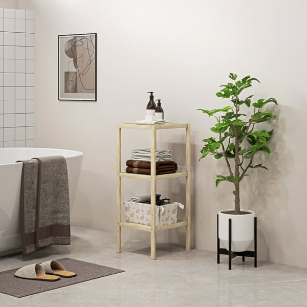 Baderomshylle, Baderomshylle med 3 etasjer, Bambus stående hylle med fotpute, for bad, stue, kjøkken, 33 x 31 x 78 cm, naturlig tre