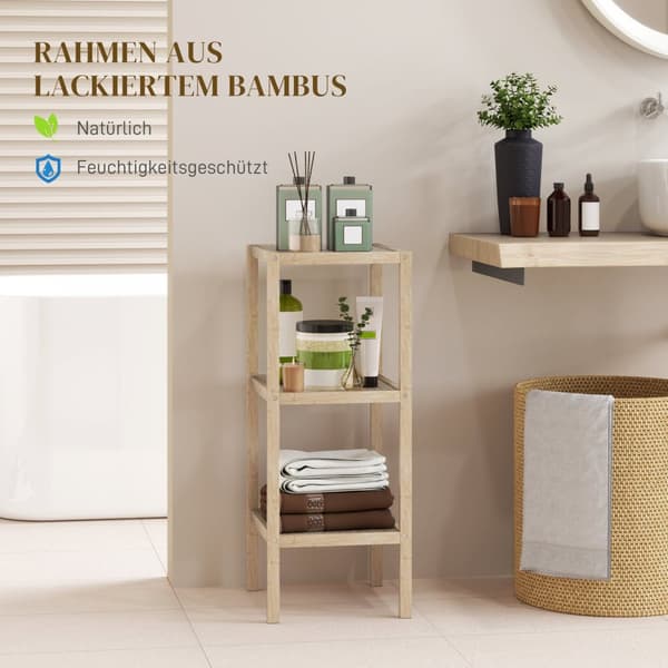 Baderomshylle, Baderomshylle med 3 etasjer, Bambus stående hylle med fotpute, for bad, stue, kjøkken, 33 x 31 x 78 cm, naturlig tre