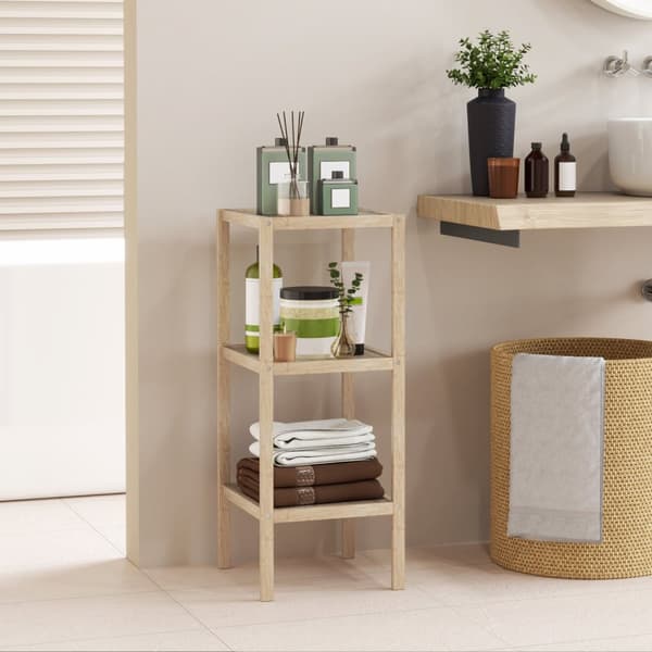 Baderomshylle, Baderomshylle med 3 etasjer, Bambus stående hylle med fotpute, for bad, stue, kjøkken, 33 x 31 x 78 cm, naturlig tre