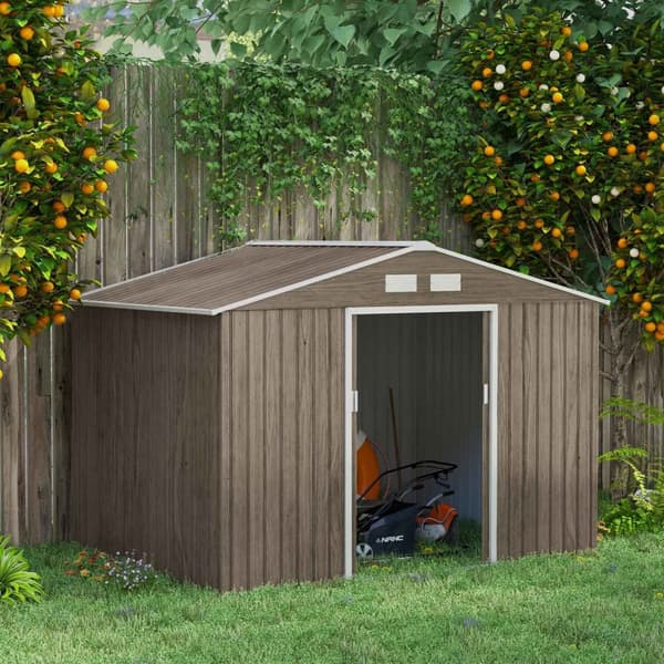 Redskapsbod 4,9 m², hagebod med luketak, skyvedør, fundament, 277 x 195 x 192 cm, redskapsbod av galvanisert stål, værbestandig, for hage, lysebrun