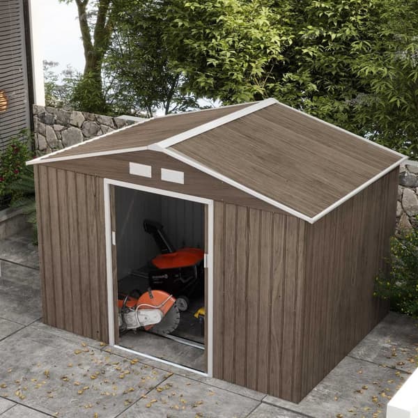 Redskapsbod 4,9 m², hagebod med luketak, skyvedør, fundament, 277 x 195 x 192 cm, redskapsbod av galvanisert stål, værbestandig, for hage, lysebrun