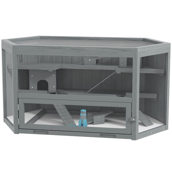 3-lags gnagerbur, sekskantet smådyrbur, smådyrhus laget av tre, musebur, hamsterbur med sammenleggbart lokk, utsiktsvindu, rampe, 115 x 60 x 55 cm grå