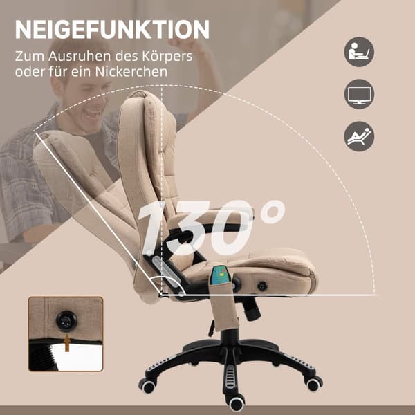 Kontorstol med vibrationsmassage, ergonomisk skrivebordsstol med varme, lænefunktion, højdejusterbar chefstol med fjernbetjening, sidelomme, hørlook,