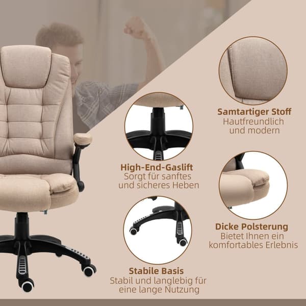 Kontorstol med vibrationsmassage, ergonomisk skrivebordsstol med varme, lænefunktion, højdejusterbar chefstol med fjernbetjening, sidelomme, hørlook,