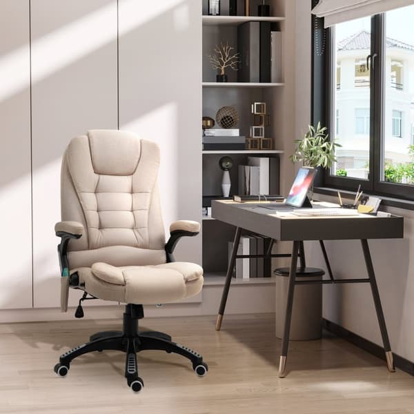 Kontorstol med vibrationsmassage, ergonomisk skrivebordsstol med varme, lænefunktion, højdejusterbar chefstol med fjernbetjening, sidelomme, hørlook,