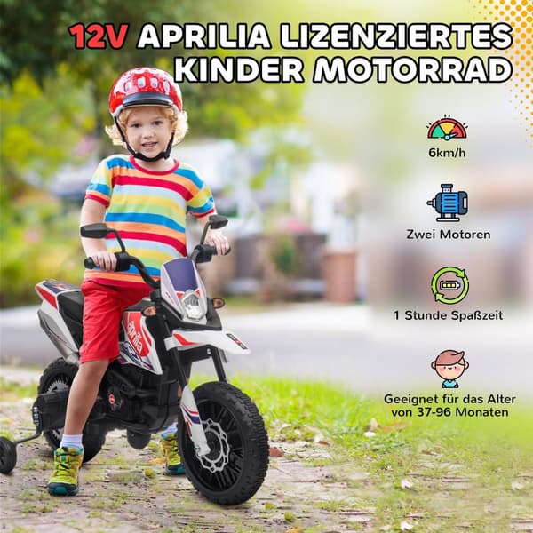 El-motorsykkel for barn, 12V barnemotorsykkel med musikk, 6 km/t barnevogn med avtagbare treningshjul, 12 tommers plastdekk, for 3-8 år barn, maks 30