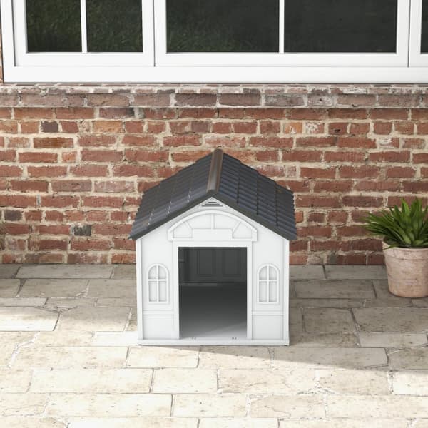 Hundkoja, hundkoja med sadeltak, väderbeständig smådjurshus för medelstora hundar under 20 kg, hundkoja utomhus, 65 x 75,7 x 63 cm, grå