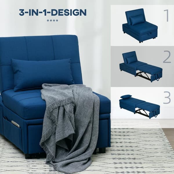 3-i-1 sovesofa med sengefunktion, udtrækssovesofa, sovestol med sidelomme, justerbart ryglæn, bæreevne op til 150 kg, til stue, soveværelse, blå