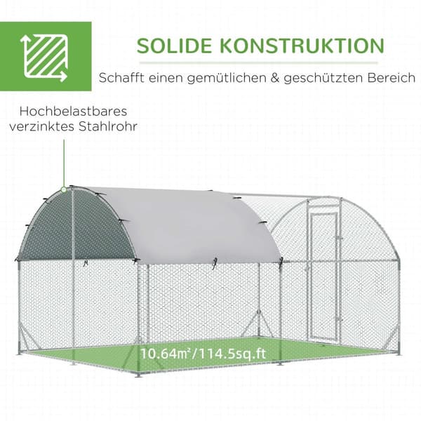 Chicken Coop Outdoor Run Laget av Stål, 280 x 380 x 197 cm Kyllingbur med UV-bestandig deksel, Dør, Chicken Run for 6-12 Kyllinger, Små dyr, Sølv