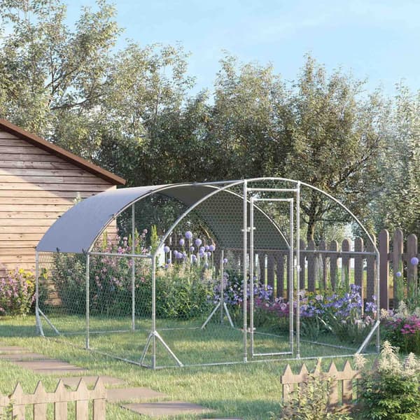 Chicken Coop Outdoor Run Laget av Stål, 280 x 380 x 197 cm Kyllingbur med UV-bestandig deksel, Dør, Chicken Run for 6-12 Kyllinger, Små dyr, Sølv