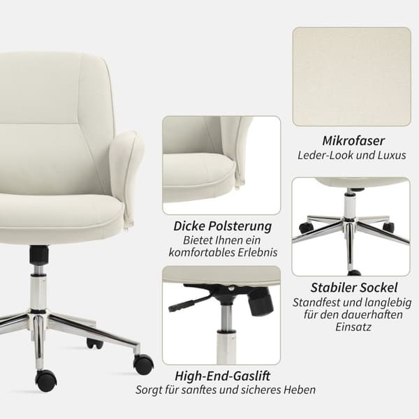Kontorstol med vippefunktion, skrivebordsstol, højdejusterbar drejestol, ergonomisk arbejdsstol, moderne, kan holde op til 120 kg, mikrofiber, cremehv