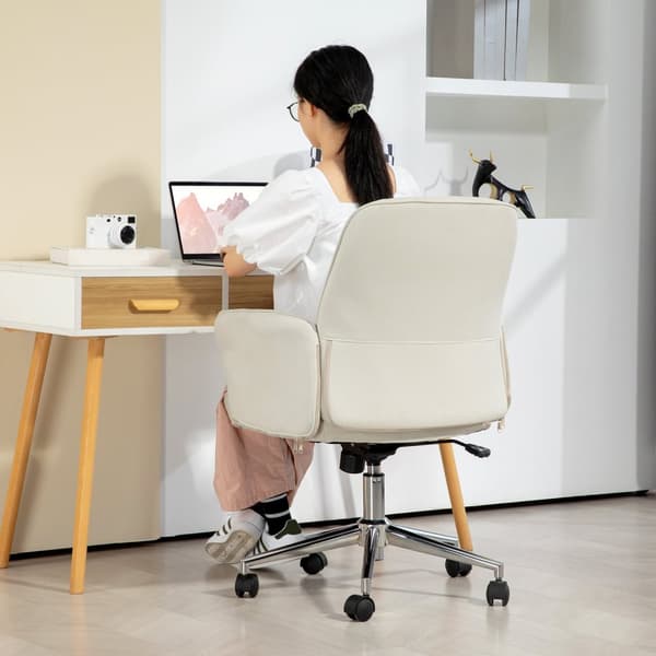 Kontorstol med vippefunktion, skrivebordsstol, højdejusterbar drejestol, ergonomisk arbejdsstol, moderne, kan holde op til 120 kg, mikrofiber, cremehv