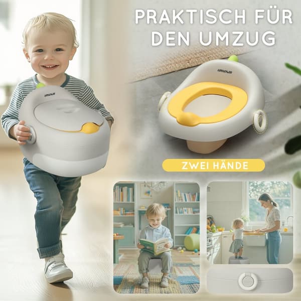 3-i-1 barnepotte, uttakbar barnepotte, potte med håndtak, for barn 6-72 måneder, bæreevne opptil 50 kg, plast, kunstskinn, grå