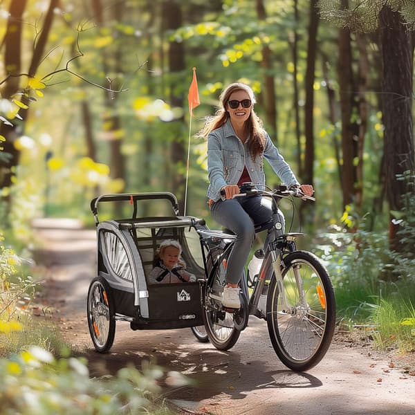 2 i 1 sammenklappelig børnetrailer cykeltrailer med aftageligt forhjul, baghjulsbremser, børnecykelanhænger til 2 børn fra 18 måneder, lastkapacitet o