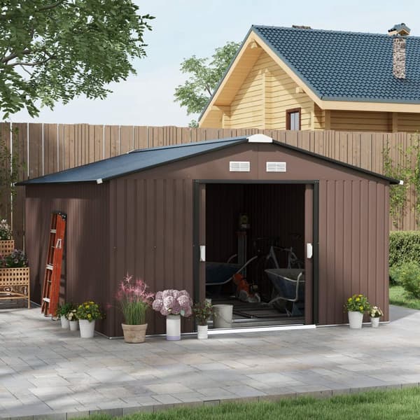 Työkaluvaja 12,4 m², puutarhakatto, liukuovi, perustus, 340 x 386 x 200 cm, työkaluvaja galvanoitua terästä, säänkestävä, puutarhaan, ruskea