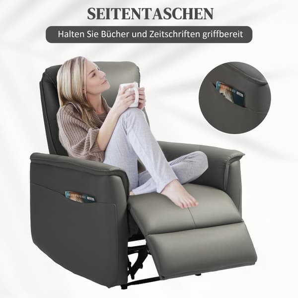 Relaxstol, TV-stol med liggfunktion, pocketfjäderkärna, stoppad TV-stol med fotstöd, sidoficka, för vardagsrum, sovrum, ljusgrå