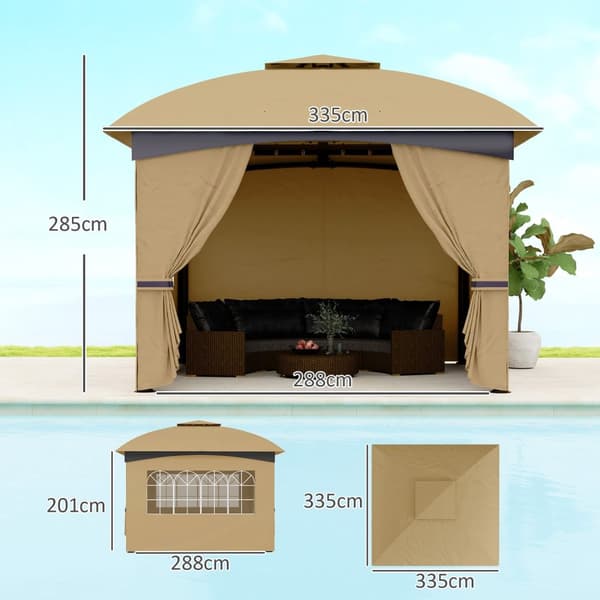 Lysthus ca 3,4x3,4 m vannavstøtende hagepaviljong med 4 sidepaneler, dobbelttak, partytelt med UV-beskyttelse hagetelt med galvanisert metallramme, fo