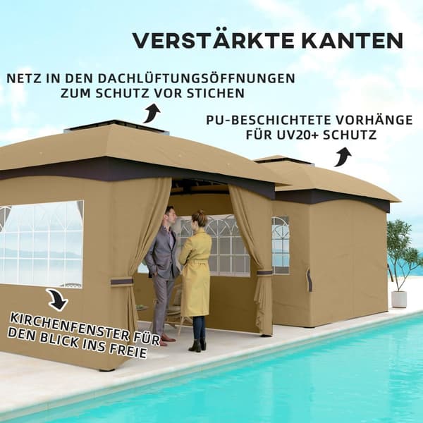 Lysthus ca 3,4x3,4 m vannavstøtende hagepaviljong med 4 sidepaneler, dobbelttak, partytelt med UV-beskyttelse hagetelt med galvanisert metallramme, fo