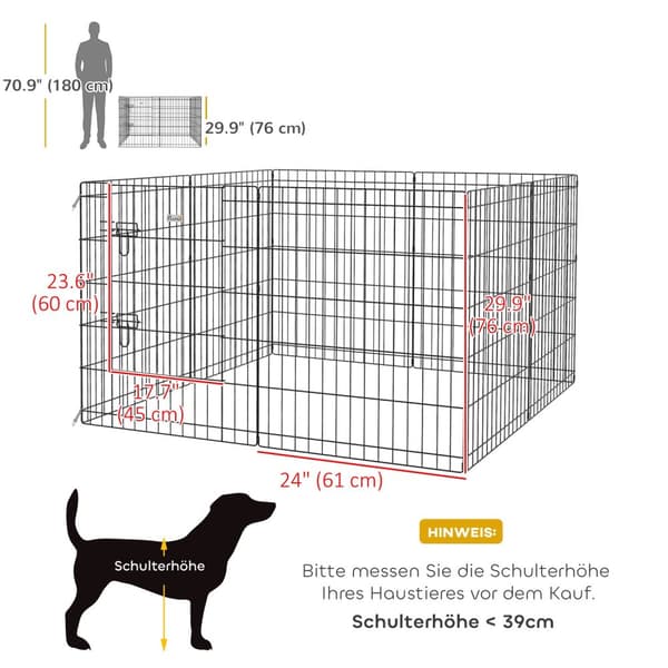 Puppy Run 76 cm høy, 8-delers valp lekegrind med lås, DIY Outdoor Run Hunde lekegrind for mellomstore hunder, marsvin, kaniner, metall, svart