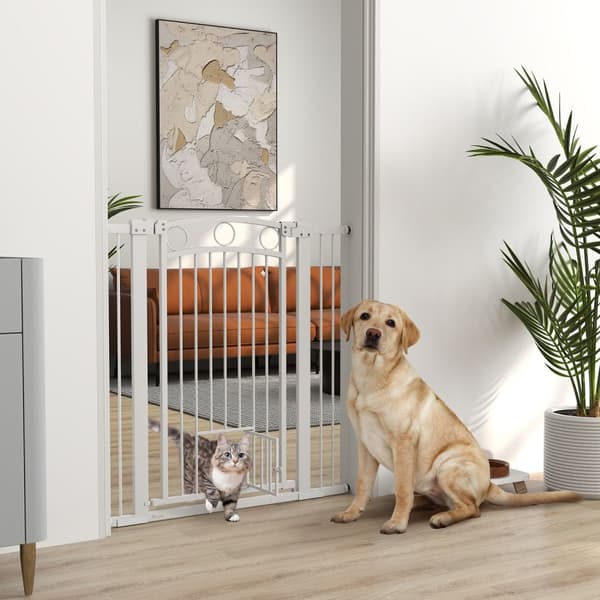 Säkerhetsgrind för hunddörr, 76-104 cm spärr utan borrning, trappgrind i stål, trappgrind med kattdörr, skyddsgrind, säkerhetsgrind för trappa, dörr,