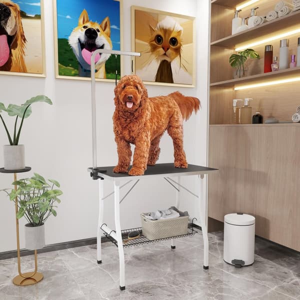 Hundestriglebord, højdejusterbart trimmebord til hunde, foldbart klippebord, kæledyrsplejebord med netkurv, slynger, til hårtørring, hårklipning, bære
