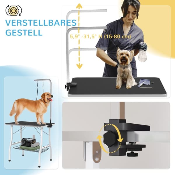 Hundestriglebord, højdejusterbart trimmebord til hunde, foldbart klippebord, kæledyrsplejebord med netkurv, slynger, til hårtørring, hårklipning, bære