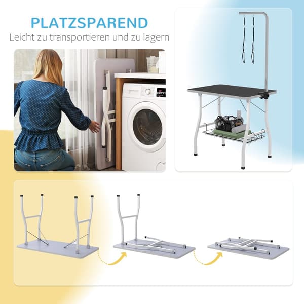 Hundestriglebord, højdejusterbart trimmebord til hunde, foldbart klippebord, kæledyrsplejebord med netkurv, slynger, til hårtørring, hårklipning, bære
