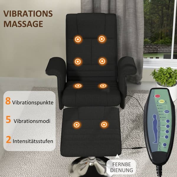 Afslapningsstol med fodskammel, roterende massagestol med lænefunktion, 8-punkts vibrationsmassage, elektrisk tv-stol med fjernbetjening, hørlook, stå
