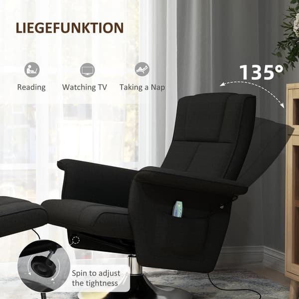 Afslapningsstol med fodskammel, roterende massagestol med lænefunktion, 8-punkts vibrationsmassage, elektrisk tv-stol med fjernbetjening, hørlook, stå
