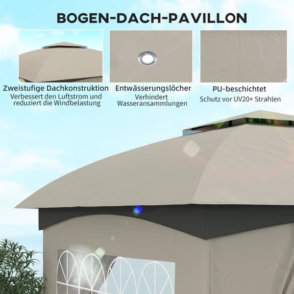 Lysthus ca 3,4x3,4 m vannavstøtende hagepaviljong med 4 sidepaneler, dobbelt tak, partytelt med UV-beskyttelse hagetelt med galvanisert metallramme, f