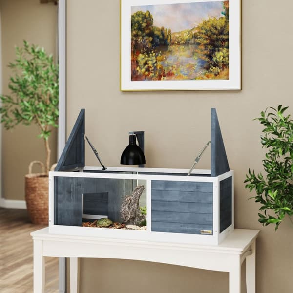 Träsköldpaddshus, sköldpaddsskåp med två huvudhus, gångjärnsförsedd topp, ljus stativ, transparent frontpanel, 120 x 50 x 40 cm, Grå