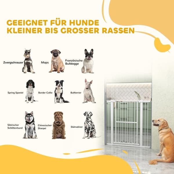 Säkerhetsgrind för hunddörr, 76-104 cm spärr utan borrning, trappgrind i stål, trappgrind, säkerhetsgrind, säkerhetsgrind för trappa, dörr, hall, vit