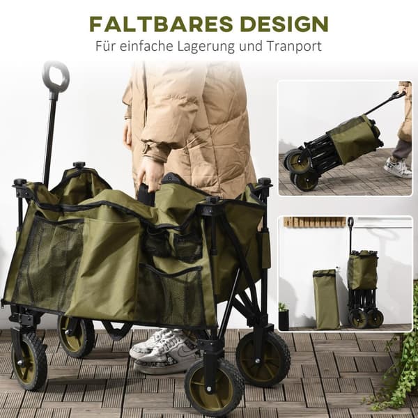 Strandvagn, hopfällbar transportvagn, 4 hjul, avtagbar presenning, höj- och sänkbart handtag, fällbar bricka, hopfällbar och 5 förvaringsväskor, 108 x
