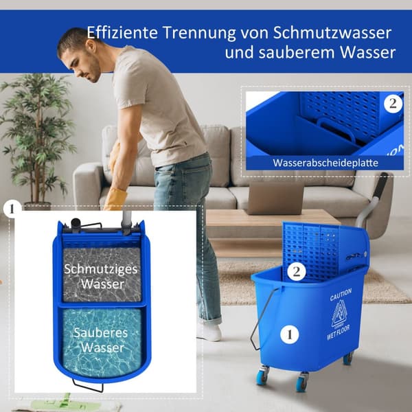 Puhdistuskärry Pesukauha Kotitalouksien 20 L Spinnerillä ja Erottimella Puhdasta Likaista Vesiä Sininen 60L x 27L x 70.5K cm
