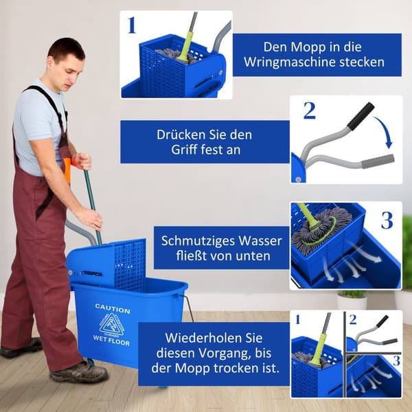 Puhdistuskärry Pesukauha Kotitalouksien 20 L Spinnerillä ja Erottimella Puhdasta Likaista Vesiä Sininen 60L x 27L x 70.5K cm