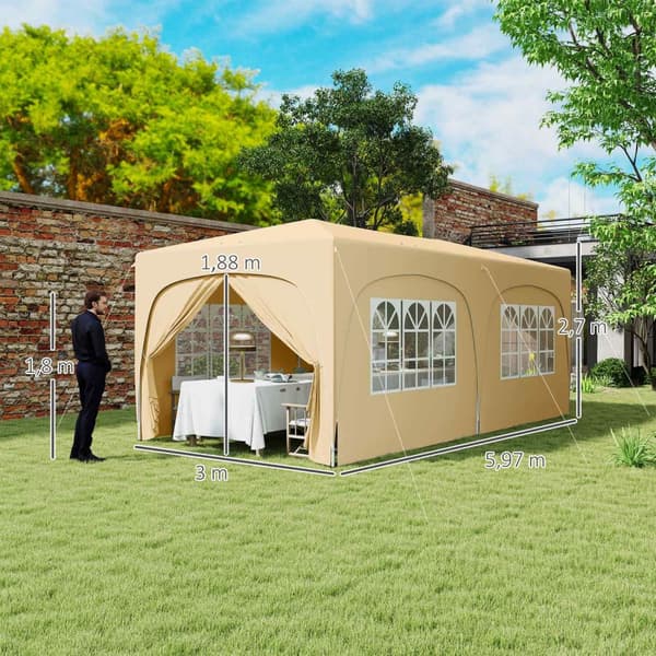 Lysthus ca 3x6m, vannavvisende, stabilt, vintersikkert sammenleggbart lysthus, UV-beskyttelse 50+, sammenleggbart partytelt, hagetelt med 6 sidepanele