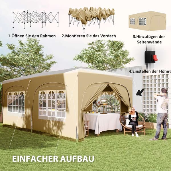 Lysthus ca 3x6m, vannavvisende, stabilt, vintersikkert sammenleggbart lysthus, UV-beskyttelse 50+, sammenleggbart partytelt, hagetelt med 6 sidepanele