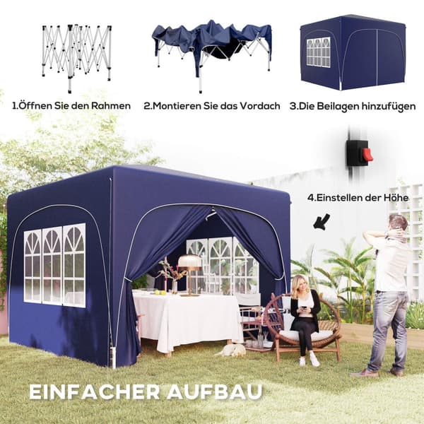 Lysthus 3x3m, vannavstøtende, stabilt, vintersikkert pop-up sammenleggbart lysthus, UV-beskyttelse 50+, sammenleggbart partytelt, hagetelt med 4 sidep