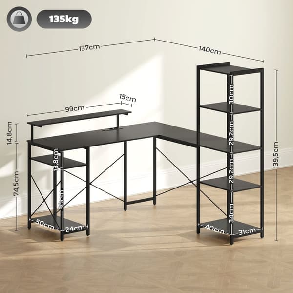 Työpöytä, L-muotoinen tietokonepöytä 137 x 140 x 139,5 cm kulmapöytä 6 hyllyllä, toimistopöytä ja näyttöteline, USB, pistorasia, kotitoimistoon, toimi
