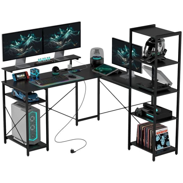 Skrivebord, L-formet computerbord 137 x 140 x 139,5 cm Hjørneskrivebord med 6 hylder, kontorbord med skærmstativ, USB, stik, til hjemmekontor, kontor,