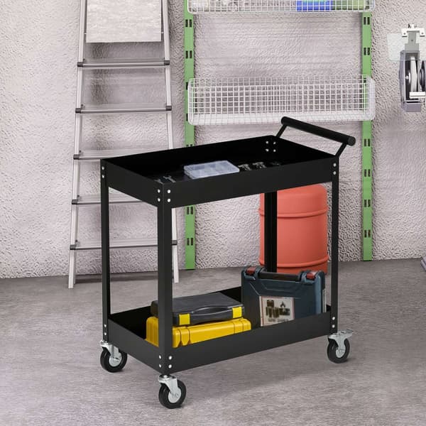 Verkstedvogn med 2 nivåer, tom verktøyvogn, transportvogn, sidehåndtak, 4 hjul, stål, opptil 150 kg lastekapasitet, 84,5 x 38 x 84 cm, sort